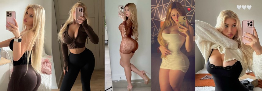 Five selfies collage of a blonde woman modeling in different outfits, holding a pink phone in each shot.