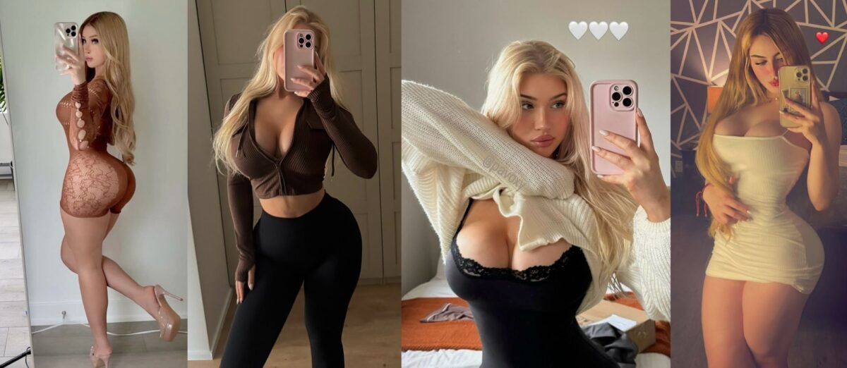 Collage of four selfies: woman posing in different outfits (lace bodysuit, brown crop top with black leggings, black lace bralette with white sweater, and a white bodycon dress).