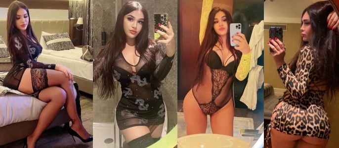 Collage of a woman posing in four outfits: black lace bodysuit with stockings, a sheer black dress with floral patterns, a black lace bodysuit in front of a mirror, and a leopard-print dress posing in profile.